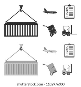Cargo plane, cart for transportation, boxes, forklift, documents.Logistic,set collection icons in black,monochrom style vector symbol stock illustration web.