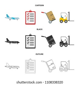 Cargo plane, cart for transportation, boxes, forklift, documents.Logistic,set collection icons in cartoon,black,outline style vector symbol stock illustration web.