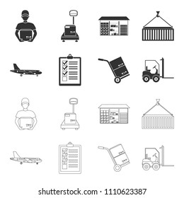 Cargo plane, cart for transportation, boxes, forklift, documents.Logistic,set collection icons in black,outline style vector symbol stock illustration web.