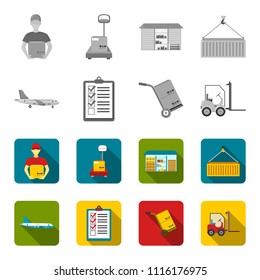 Cargo plane, cart for transportation, boxes, forklift, documents.Logistic,set collection icons in monochrome,flat style vector symbol stock illustration web.