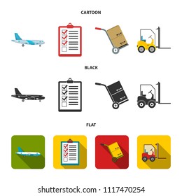 Cargo plane, cart for transportation, boxes, forklift, documents.Logistic,set collection icons in cartoon,black,flat style vector symbol stock illustration web.