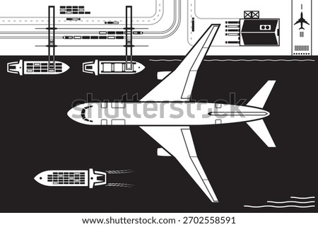 Cargo plane flying over sea freight terminal - vector illustration