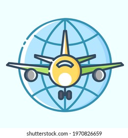 Cargo plane on the background of the globe colored icon. Shipping and deliveries by air service. Vector stylish flat illustrations on light blue background.
