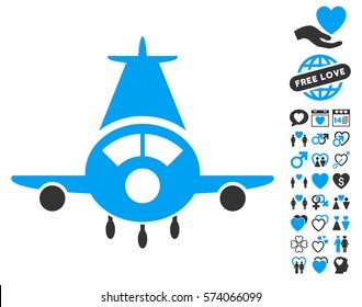 Cargo Plane pictograph with bonus dating pictures. Vector illustration style is flat iconic blue and gray symbols on white background.