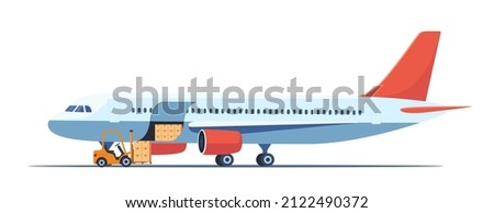 Cargo plane, side view. Cargo Transportation by Plane. Loading Luggage Compartment Aircraft. Loader preparing to load the boxes into the luggage compartment of the aircraft. Vector Illustration