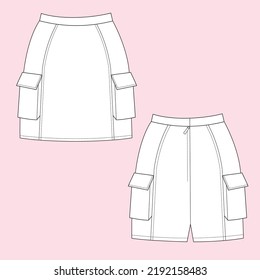 Cargo Pocket Mini Skirt Flat Sketch Fashion Template. Technical Fashion Illustration for Girl. Front and back view. Vector, adobe illustrator, technical drawing, design.