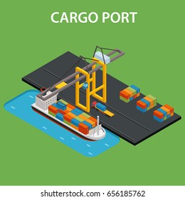 Cargo port concept with industrial ship loading isometric vector illustration