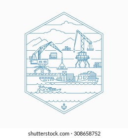 Cargo port, empty outline illustration. Mono line marine shipping theme. 