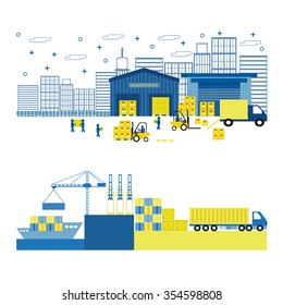 Cargo port equipment. Shipping. Flat vector illustration