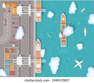 Cargo port in flat style. Top view. Container ship, cargo ship, yacht, boat and harbor, industry shipping transport, crane and dock. 