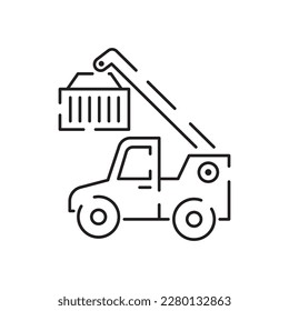 Cargo port line icon air, sea, rail freight terminal, storage. Delivery container shipping. Transportation industry, maritime transport, ship, truck and train