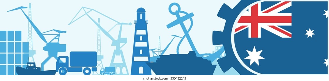 Cargo port relative icons set. Australia flag in gear. Vector illustration for web banner or header
