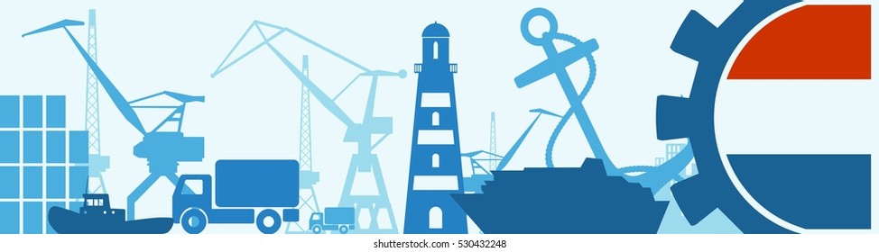 Cargo port relative icons set. Netherlands flag in gear. Vector illustration for web banner or header