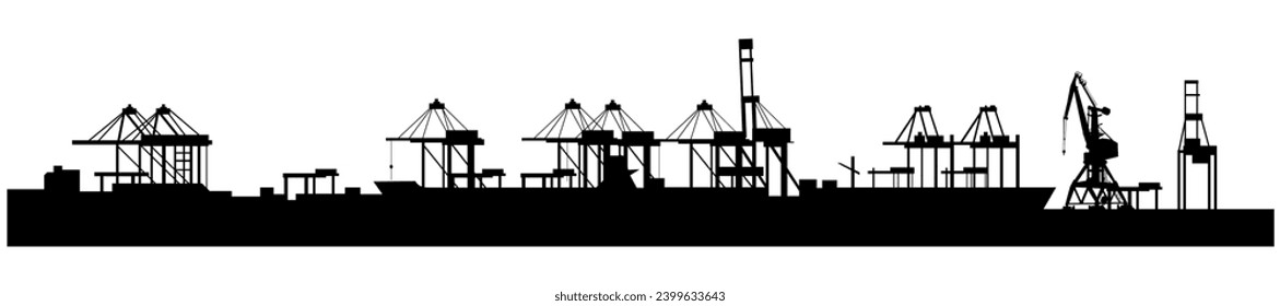 Cargo port silhouette with cranes isolated on white background. Parallax layer. Vector.