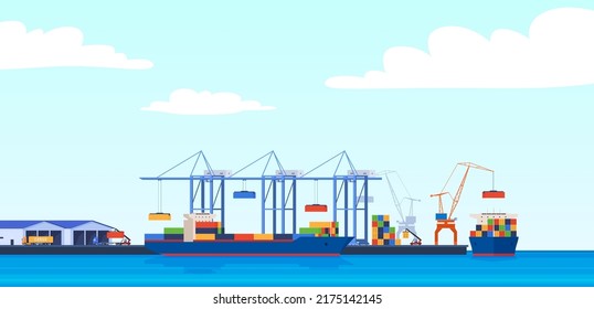 Puerto de carga para la descarga de contenedores de buques. Comercio internacional. Ilustración del vector