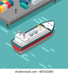 Cargo port vector illustration. Isometric projection. Ship with steel containers standing on the berth at the port, worker in helmet ashore. Transatlantic carriage. For delivery company adertising