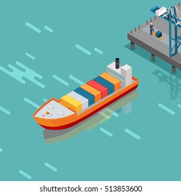 Cargo port vector illustration. Isometric projection. Big ship with steel containers standing on the berth at the port, crane, worker with hydraulic transporter ashore. For delivery company ad design