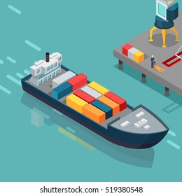 Cargo Port Vector Illustration. Isometric Projection. Big Ship With Steel Containers Standing On The Berth At The Port, Crane, Worker With Hydraulic Transporter Ashore. For Delivery Company Ad Design