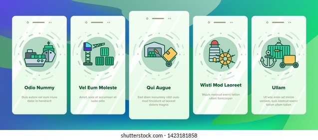 Cargo Port Vector Onboarding Mobile App Page Screen. Cargo Port Vehicles, Transportation Illustrations. Industrial Loading Machinery. Ships, Containers, Warehouse