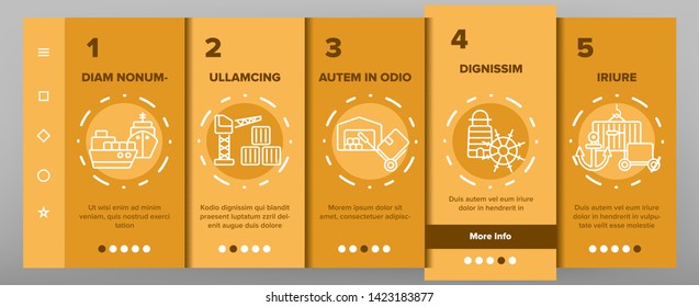 Cargo Port Vector Onboarding Mobile App Page Screen. Cargo Port Vehicles, Transportation Illustrations. Industrial Loading Machinery. Ships, Containers, Warehouse