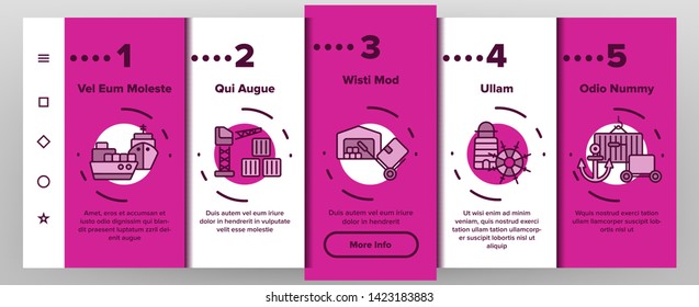 Cargo Port Vector Onboarding Mobile App Page Screen. Cargo Port Vehicles, Transportation Illustrations. Industrial Loading Machinery. Ships, Containers, Warehouse