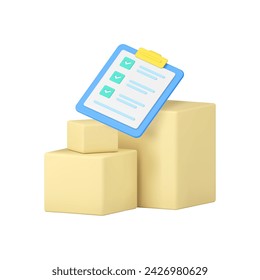 Servicio de entrega y almacenamiento de paquetes postales de carga con el portapapeles marca de verificación icono 3d ilustración vectorial realista. Caja de cartón de envío barato logística almacén de distribución de carga paquete de correo
