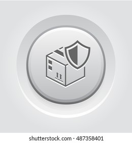 Cargo Protection Icon. Grey Button Design. Security concept with a cardbox and a shield. Isolated Illustration. App Symbol or UI element.