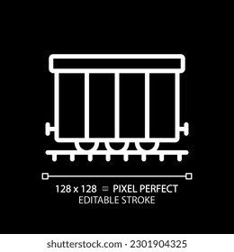 Cargo railroad carriage pixel perfect white linear icon for dark theme. Wagon train. Freight transport. Railway container. Thin line illustration. Isolated symbol for night mode. Editable stroke