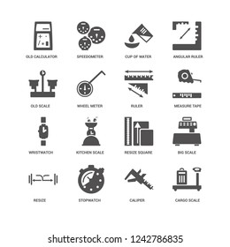 Cargo Scale, Wheel Meter, Old Calculator, Speedometer, Big Resize Square, Kitchen Caliper icon 16 set EPS 10 vector format. Icons optimized for both large and small resolutions.