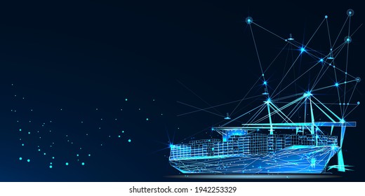 Cargo sea port. 3d ship, port crane and containers in dark blue. Container ships, transportation, logistics, business or worldwide shipping concept. Digital polygonal Abstract vector mesh illustration