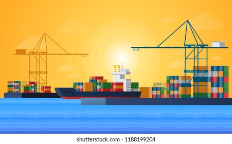 Cargo Sea Port With Cargo Freight Ships And Harbour Port Cranes Also City. Vector Flat Design