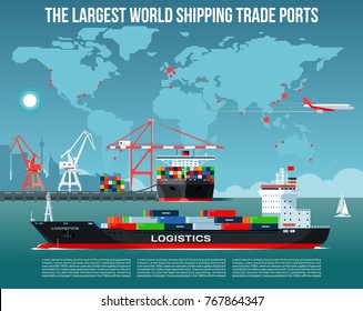 Cargo sea port with cargo freight ships & harbour port cranes also city, flying jet in the sky & world map on background infographics