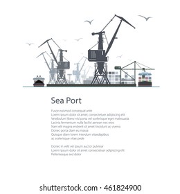 Cargo Sea Port Isolated on White Background, Unloading of Cargo Containers from the Container Carrier, Cranes and Vessels in Dock , Poster Brochure Flyer Design, Vector Illustration