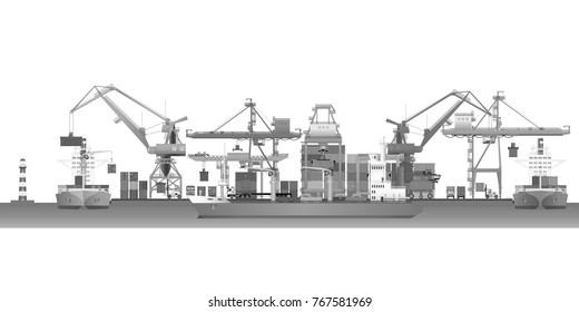 Cargo sea port skyline. Cargo containers, container carriers, cranes and vessels in dock. Monochrome vector illustration 