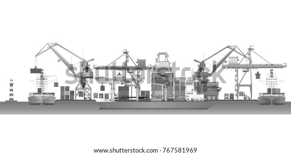 貨物の海港の空線 船渠内の貨物コンテナ コンテナキャリア クレーン 船舶白黒のベクターイラスト のベクター画像素材 ロイヤリティフリー