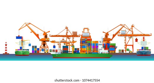 Cargo sea port skyline. Vector, isolated on white.