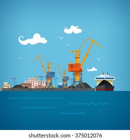 Cargo Sea Port, Unloading Coal or Ore from the Vessel, Sea Freight Transportation and Logistic, Cargo Transport, Port Warehouses and Cranes