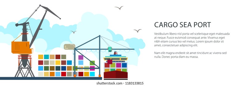 Cargo Seaport Banner, Unloading Containers from a Ship at the Docks with Cargo Crane, International Freight Transportation, Vector Illustration