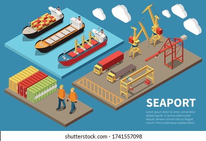 Cargo seaport container ships loading unloading cranes bulk carrier freight trucks deck workers 3 isometric compositions vector illustration 