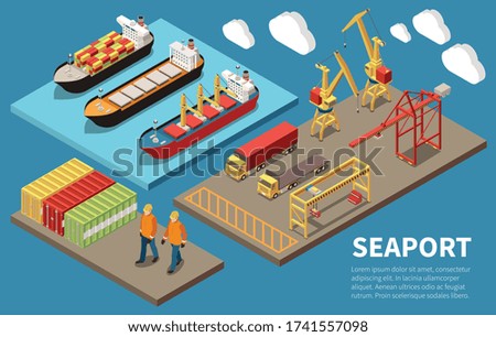 Cargo seaport container ships loading unloading cranes bulk carrier freight trucks deck workers 3 isometric compositions vector illustration 
