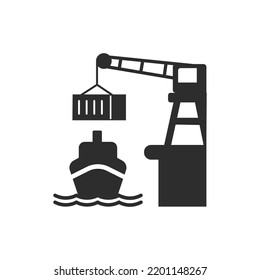 Cargo Seaport icon. Loading cargo on a cargo ship. Monochrome black and white symbol