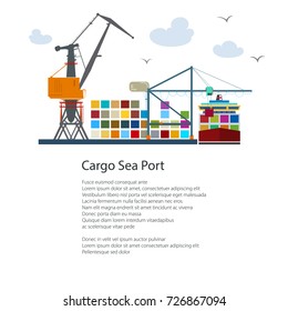 Cargo Seaport and Text, Unloading Containers from a Ship at the Docks with Cargo Crane, International Freight Transportation, Poster Brochure Flyer Design, Vector Illustration
