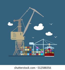 Cargo Seaport , Unloading Containers from a Cargo Container Ship in a Docks with Cargo Crane,  International Freight Transportation, Vector Illustration 
