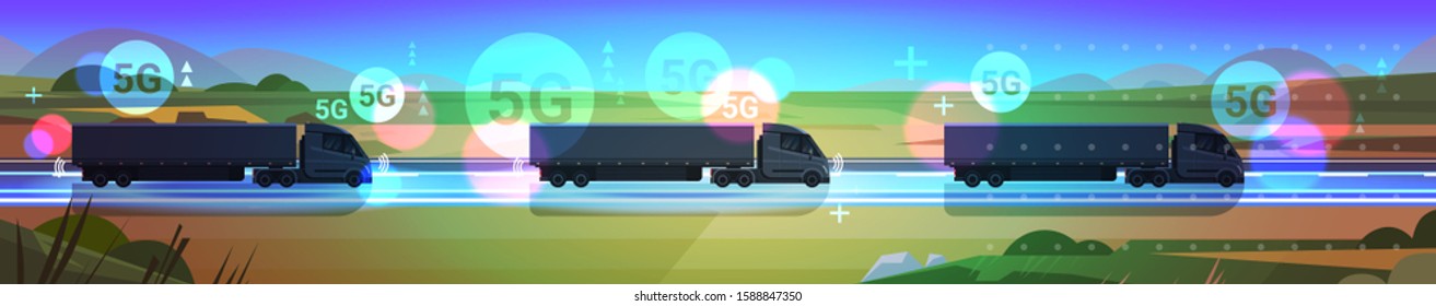 cargo semi truck trailers driving road 5G online wireless system connection concept landscape background delivery logistics transportation horizontal vector illustration