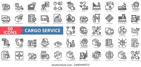 Conjunto de colección de iconos de servicio de carga. Contiene entrega exprés, almacenamiento, despacho de aduanas, cadena de suministro, logística global, carga aérea, icono de carga marítima. Ilustración simple del vector de la línea.