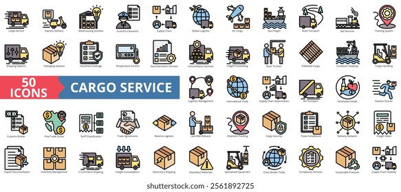 Cargo service icon collection set. Containing express delivery, warehousing, customs clearance, supply chain, global logistics, air cargo, sea freight icon.Simple flat color illustration