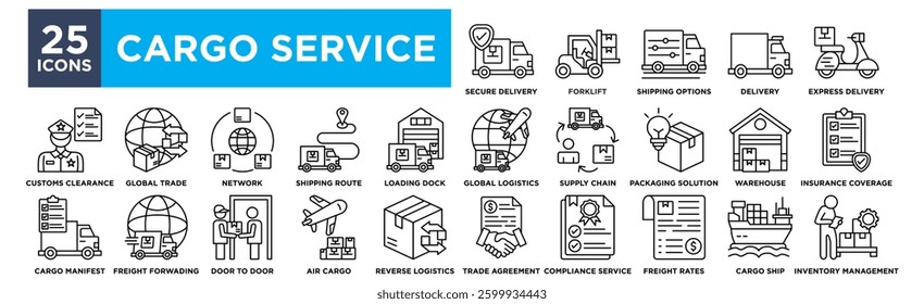 Cargo service icon set collection. Containing cargo ship,delivery,express delivery,warehouse,customs clearance icon. Simple flat vector illustration.	
