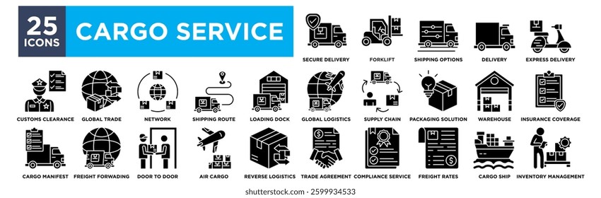 Cargo service icon set collection. Containing cargo ship,delivery,express delivery,warehouse,customs clearance icon. Simple flat vector illustration.	
