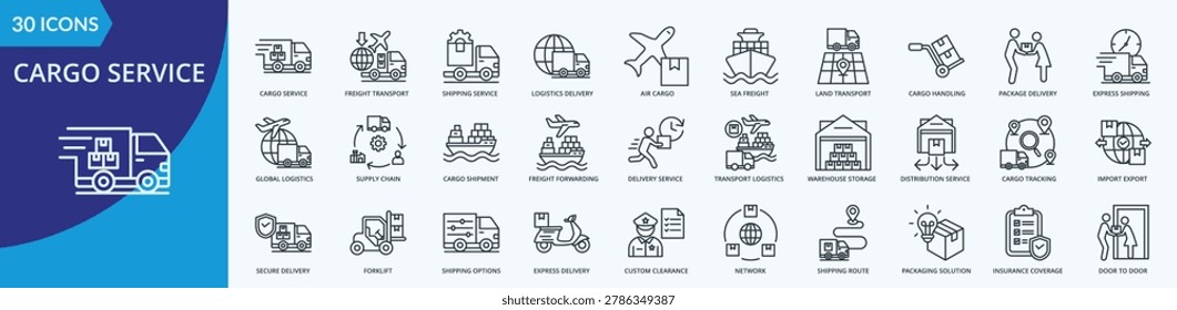 Cargo Service Icon Set Illustration Vector Outline Style with cargo service, freight transport, shipping service, logistics delivery, air cargo,
