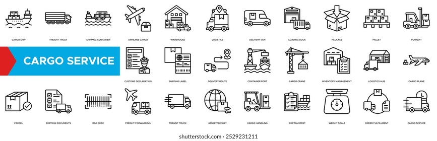 Cargo Service icon. Cargo Ship,
Freight Truck, Shipping Container,
Airplane Cargo, Warehouse